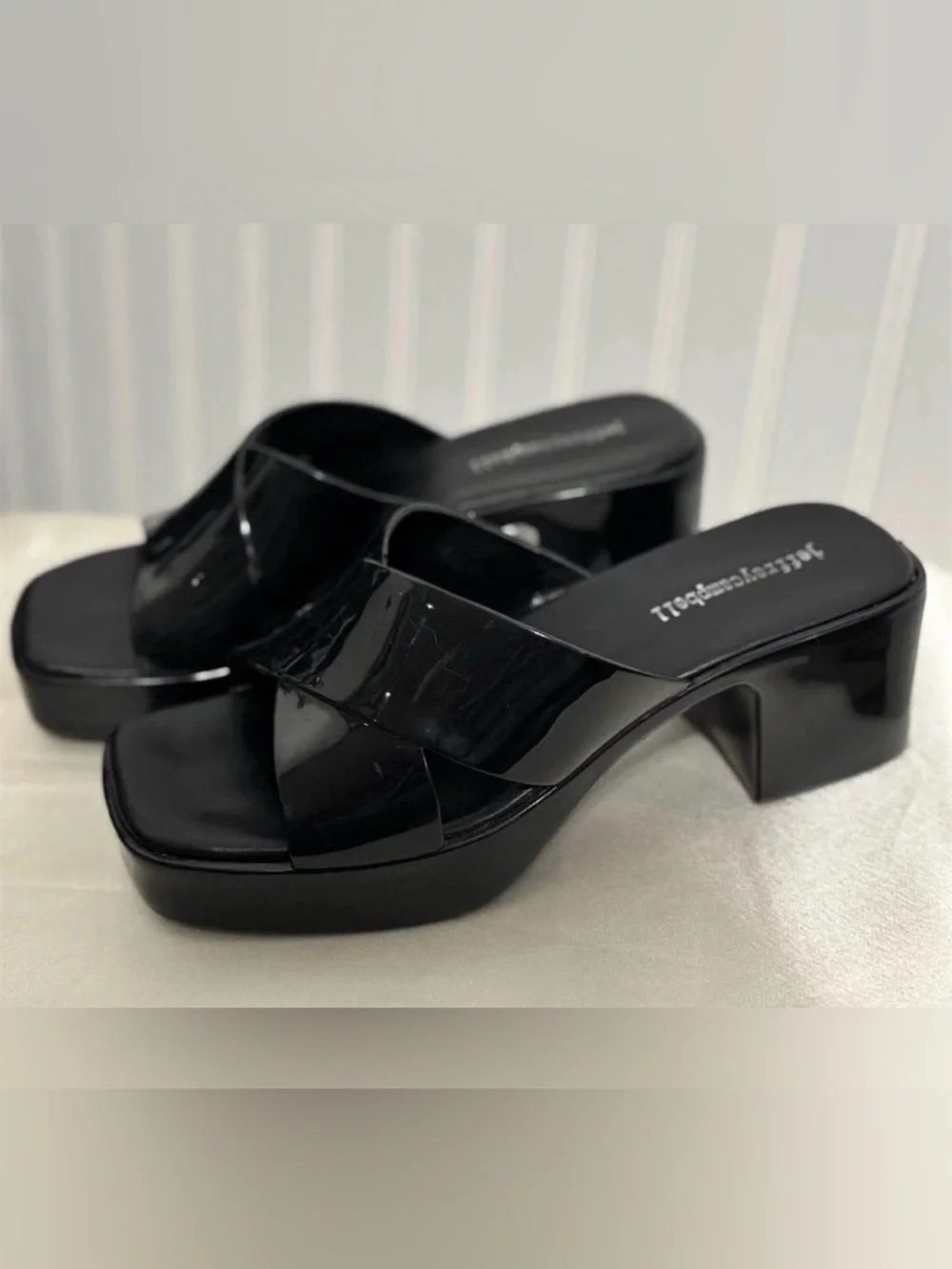 Jeffrey Campbell bubblegumBlack Patent Platform Mule Sandals Block Heel Size 8